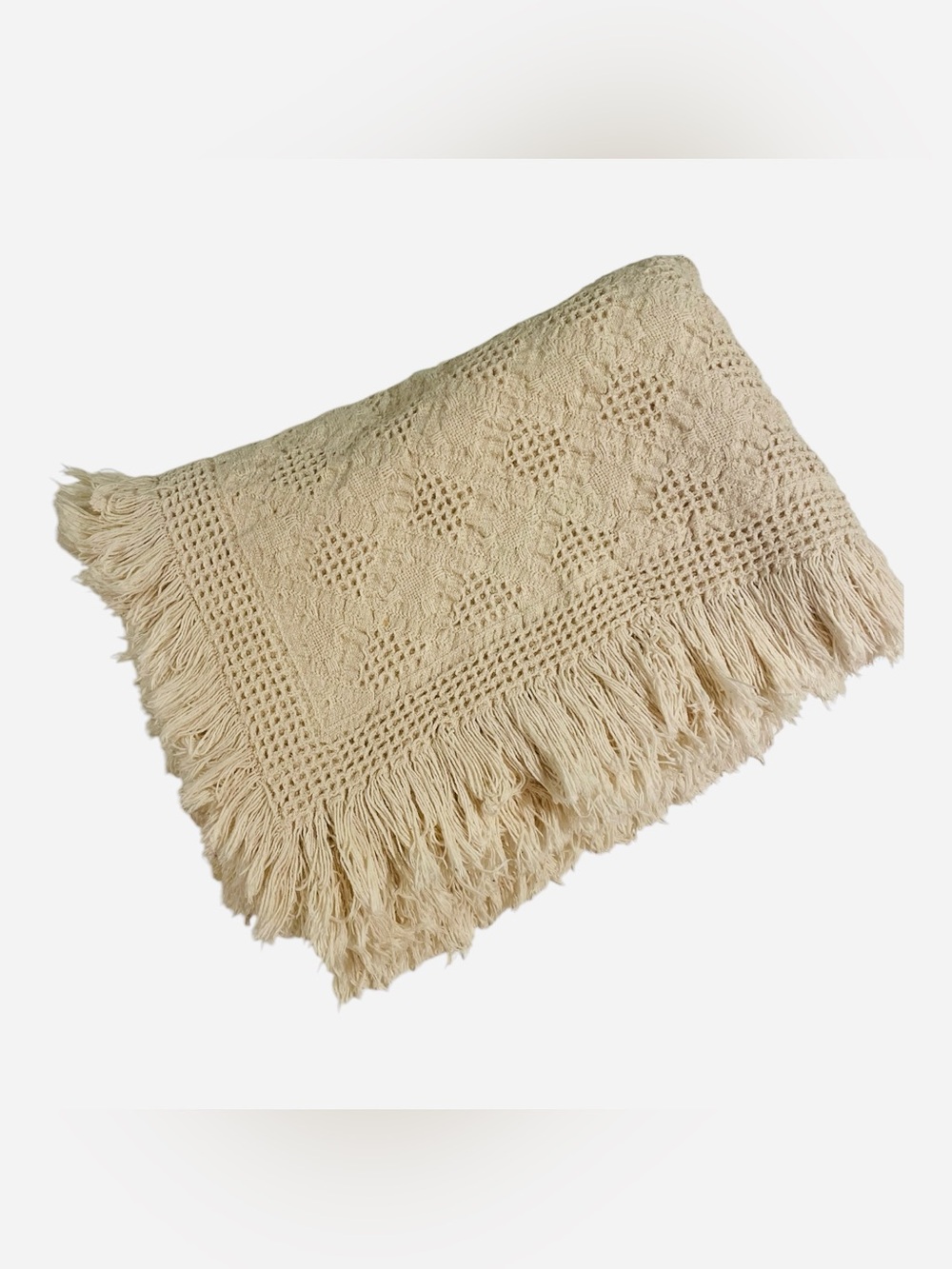 Crochet Afghan Cream Ivory Rextangular Couch Throw Blanket 60” X 40” Baby Fringe